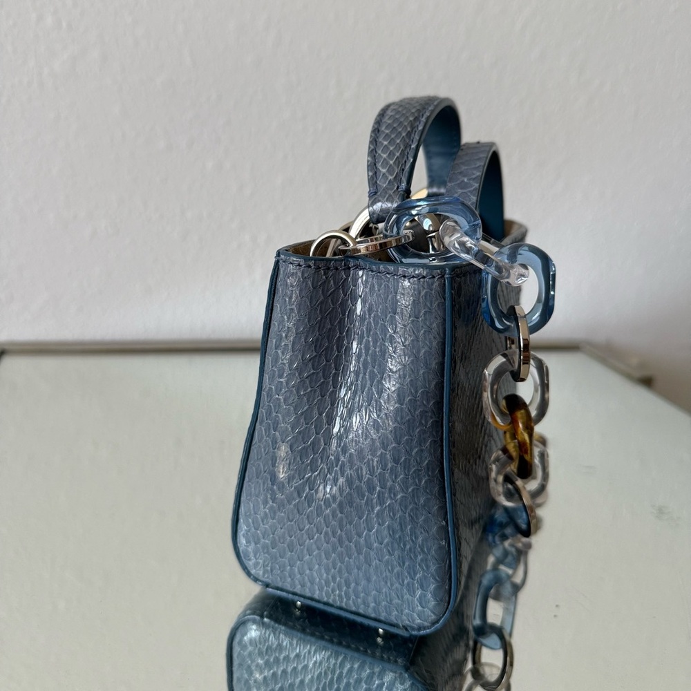 JIMMY CHOO Varenne Top Handle Blue Glossy Elaphe Mini Handbag Plexi Chain - Picture 7 of 14
